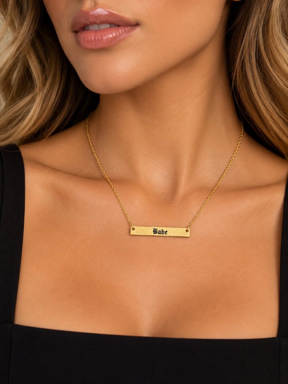 Gold-Tone Babe Bar Pendant Necklace Old English Gothic Statement 18"